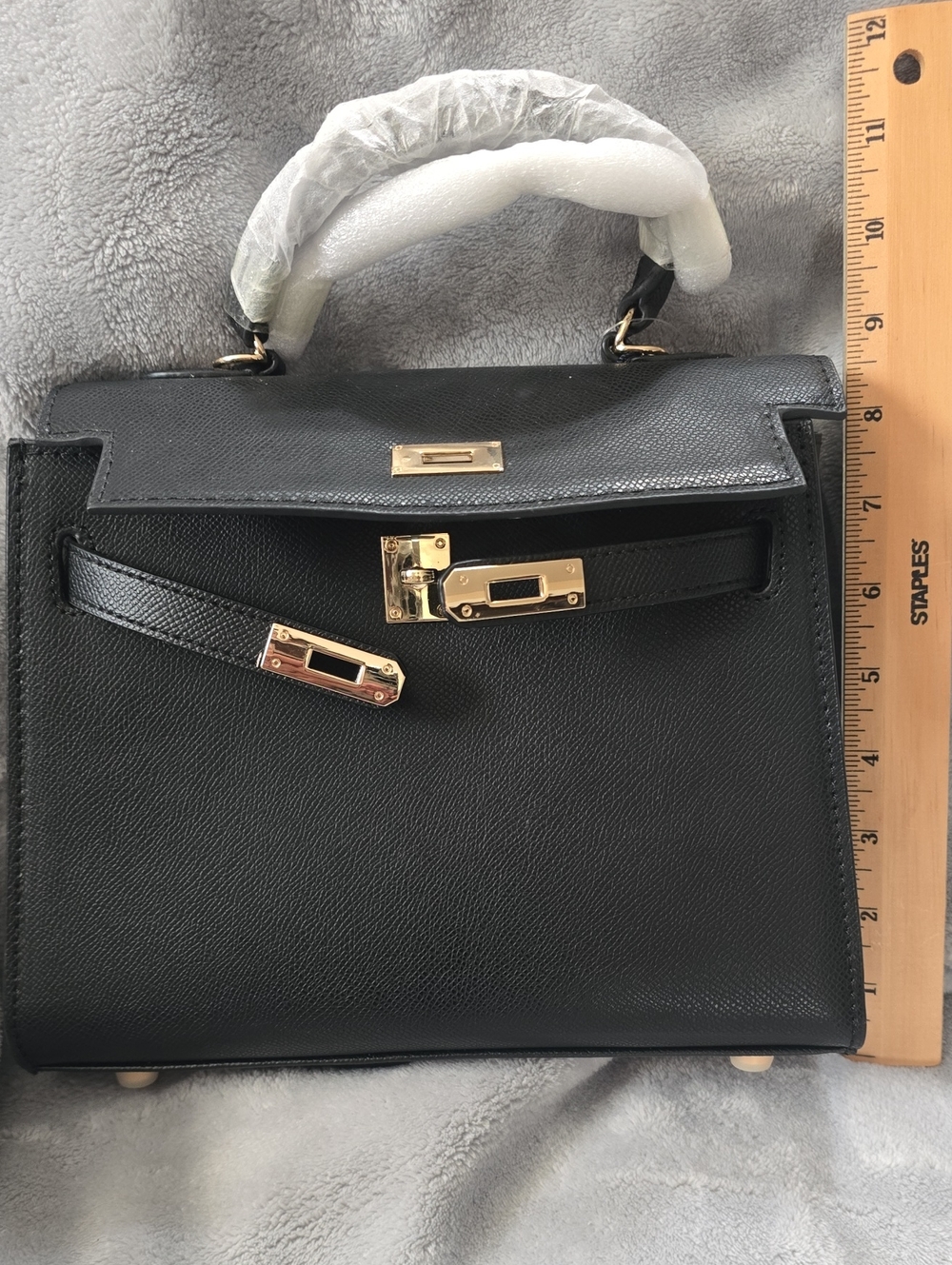 Women’s Black Structured Top-Handle Bag with Gold Hardware